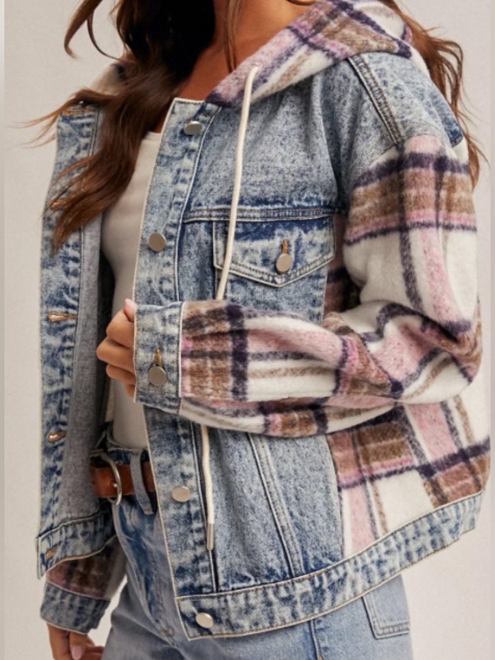 Hem & Thread Denim & Plaid Mixed Jean Jacket Size Small Light Wash Hooded New